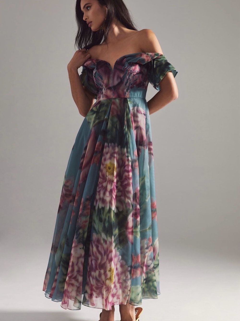 Floral Off-Shoulder Maxi Dress in Teal and Pink
